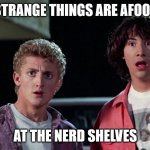 Bill and ted | STRANGE THINGS ARE AFOOT; AT THE NERD SHELVES | image tagged in bill and ted | made w/ Imgflip meme maker