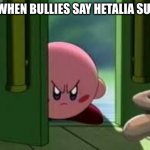 Hetalia kirby meme | ME WHEN BULLIES SAY HETALIA SUCKS | image tagged in pissed off kirby | made w/ Imgflip meme maker