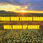 sun rays flowers | THOSE WHO THROW SHADE; WILL WIND UP BURNT | image tagged in sun rays flowers,throwing shade,keep throwing shade,in the spotlight,center of attention,you get burned | made w/ Imgflip meme maker