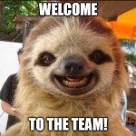 Welcome to the team! | WELCOME; TO THE TEAM! | image tagged in smile sloth,welcome,team | made w/ Imgflip meme maker