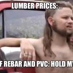 Hold My Beer | LUMBER PRICES: .. COST OF REBAR AND PVC: HOLD MY BEER! | image tagged in hold my beer | made w/ Imgflip meme maker