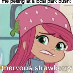 Peeing at the park would be like | Me when the public sees me peeing at a local park bush:; (nervous strawberry shortcake noises) | image tagged in nervous strawberry shortcake,pee,peeing,strawberry shortcake,strawberry shortcake berry in the big city,funny memes | made w/ Imgflip meme maker