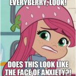 Is this the face of anxiety? | EVERYBERRY, LOOK! DOES THIS LOOK LIKE THE FACE OF ANXIETY?! | image tagged in nervous strawberry shortcake,funny,funny memes,strawberry shortcake,strawberry shortcake berry in the big city,memes | made w/ Imgflip meme maker