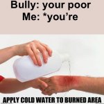 Ouch | Bully: your poor; Me: *you’re | image tagged in apply cold water to burned area,funny,funny memes,roasted,ouch,oof | made w/ Imgflip meme maker