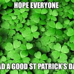 St Patricks Day | HOPE EVERYONE; HAD A GOOD ST PATRICK’S DAY | image tagged in st patricks day | made w/ Imgflip meme maker