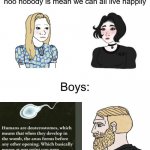 how many idiots are there again? | noo nobody is mean we can all live happily; this is 1/4th of the world | image tagged in chads vs girls | made w/ Imgflip meme maker