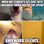 online classes | WHEN WE STUDENTS GET SENT INTO A BREAKOUT ROOM AND NO ONE SPEAKS; *AWKWARD SILENCE* | image tagged in online classes | made w/ Imgflip meme maker