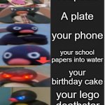 Pingu Becoming Angry | Pingu becoming angry (you drop); A ball; A spoon; A plate; your phone; your school papers into water; your birthday cake; your lego deathstar; your PC; A GRENADE WHILE TRYING TO ARM IT | image tagged in pingu becoming angry | made w/ Imgflip meme maker