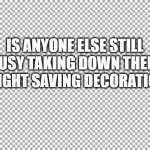 daylight savings | IS ANYONE ELSE STILL BUSY TAKING DOWN THEIR DAYLIGHT SAVING DECORATIONS? | image tagged in free,daylight savings time | made w/ Imgflip meme maker
