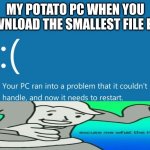 potato pc be like downloading the smallest file ever | MY POTATO PC WHEN YOU DOWNLOAD THE SMALLEST FILE EVER | image tagged in bsod | made w/ Imgflip meme maker