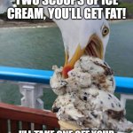 The seagull wants to be fat | YOU DON'T NEED TWO SCOOPS OF ICE CREAM, YOU'LL GET FAT! I'LL TAKE ONE OFF YOUR HANDS, SO THAT I CAN GET FAT! | image tagged in greedy seagull | made w/ Imgflip meme maker