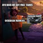 Farmers when they see russian tanks | AYO BOIS WE GOT FREE  TANKS; RUSSIAN TANKS; UKRANIAN FARMERS | image tagged in camilo pointing | made w/ Imgflip meme maker
