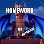 Homework Dragon | HOMEWORK; ME; MY FREETIME | image tagged in man eating cake | made w/ Imgflip meme maker