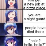 lol fnaf meme | you get a new job at a pizza place; you are a night guard; people have died there; "hello? hello, hello?" | image tagged in anime meme | made w/ Imgflip meme maker