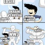 opponent behind | LOSER; UKRAINE VS RUSSIA; UKRAINE VS RUSSIA; COVID19; WW3; ALIEN'S; UKRAINE VS RUSSIA; WW3; UKRAINE VS RUSSIA | image tagged in opponent behind | made w/ Imgflip meme maker
