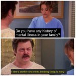 Do you have any history of mental ilness in your family? | I have a brother who thinks breaking things is funny | image tagged in do you have any history of mental ilness in your family,breaking news,memes,hate | made w/ Imgflip meme maker