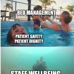 child drowning in pool | BED MANAGEMENT; PATIENT SAFETY 
PATIENT DIGNITY; STAFF WELLBEING | image tagged in child drowning in pool | made w/ Imgflip meme maker