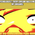 Hol up, did you just bomb Pearl Harbour | MY PSYCHOLOGIST: EVERY DREAM HAS A MEANING
MY DREAMS: | image tagged in hol up did you just bomb pearl harbour,smg4,oh no,oh wow are you actually reading these tags,stop reading the tags | made w/ Imgflip meme maker