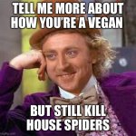 Spider killer | TELL ME MORE ABOUT HOW YOU’RE A VEGAN; BUT STILL KILL HOUSE SPIDERS | image tagged in gene wilder,tell me more | made w/ Imgflip meme maker