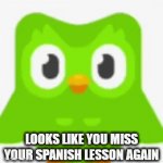 duolingo | LOOKS LIKE YOU MISS YOUR SPANISH LESSON AGAIN | image tagged in gifs,memes,funny,charts,demotivationals | made w/ Imgflip video-to-gif maker