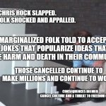increasing consequences | CHRIS ROCK SLAPPED.
WHITE FOLK SHOCKED AND APPALLED. MARGINALIZED FOLK TOLD TO ACCEPT JOKES THAT POPULARIZE IDEAS THAT CAUSE HARM AND DEATH IN THEIR COMMUNITIES; THOSE CANCELLED CONTINUE TO MAKE MILLIONS AND CONTINUE TO WORK; CONSEQUENCES DEEMED 
CANCEL CULTURE AND A THREAT TO FREEDOM OF SPEECH | image tagged in increasing consequences | made w/ Imgflip meme maker