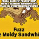 Fuzz My Beloved | THIS BOI RIGHT HERE! THIS DUDE, MOLDY BOI! HE'LL BECOME THE NEW BELOVED GOD! REPOST SO HE CAN BECOME FAMOUS! CHERISH THIS DUDE! | image tagged in moldy boi,fuzz the moldy sandwich | made w/ Imgflip meme maker