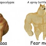 Fear the spray | The actual apocolypse; A spray bottle with water; Fear me fools; aaaaa | image tagged in buff doge vs cheems reversed | made w/ Imgflip meme maker
