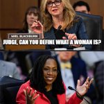 What's a woman? | JUDGE, CAN YOU DEFINE WHAT A WOMAN IS? WELL, I'M NOT A BIOLOGIST, BUT I'D HAVE TO SAY ANYONE WHO HITS LIKE WILL SMITH. | image tagged in blackburn - | made w/ Imgflip meme maker