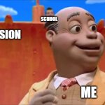 ee | SCHOOL; DEPRESSION; ME | image tagged in oh no milford | made w/ Imgflip meme maker