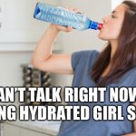 wine | CAN’T TALK RIGHT NOW, DOING HYDRATED GIRL SHIT | image tagged in wine,water bottle,sober | made w/ Imgflip meme maker