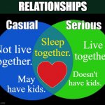 Venn diagram | RELATIONSHIPS; Casual; Serious; Sleep together. Live together. Not live together. Doesn't have kids. May have kids. | image tagged in venn diagram | made w/ Imgflip meme maker
