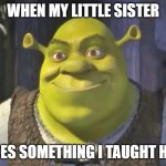 first of this meme :) | WHEN MY LITTLE SISTER; DOES SOMETHING I TAUGHT HER | image tagged in shrek | made w/ Imgflip meme maker