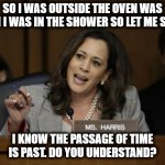 Kamala Harris | SO I WAS OUTSIDE THE OVEN WAS ON I WAS IN THE SHOWER SO LET ME SAY I KNOW THE PASSAGE OF TIME IS PAST. DO YOU UNDERSTAND? | image tagged in kamala harris | made w/ Imgflip meme maker