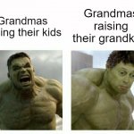 Grandmas be like | Grandmas raising their grandkids; Grandmas raising their kids | image tagged in angry hulk | made w/ Imgflip meme maker