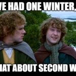 Let's hope it doesn't go past second winter. | WE'VE HAD ONE WINTER, YES. BUT WHAT ABOUT SECOND WINTER? | image tagged in second breakfast,winter,funny memes,lord of the rings,spring,puppies and kittens | made w/ Imgflip meme maker