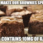 xanax brownies | WHAT MAKES OUR BROWNIES SPECIAL? EACH CONTAINS 10MG OF XANAX | image tagged in chocolate brownies,xanax,anxiety,comfort food | made w/ Imgflip meme maker
