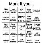 Blank Bingo | DexTDM Bingo! Mark If you... like anime made this meme in school are on the leaderboards hate fortnite Subscribed to DanTDM have my IP adres | image tagged in bingo,sus,among us,sussy,haha,ha ha tags go brr | made w/ Imgflip meme maker