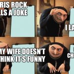 Will smith | CHRIS ROCK TELLS A JOKE; I LAUGH; I SLAP CHRIS ROCK; MY WIFE DOESN’T THINK IT’S FUNNY | image tagged in reversal gru plan | made w/ Imgflip meme maker