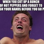 SPEAKING FROM EXPERIENCE | WHEN YOU CUT UP A BUNCH OF HOT PEPPERS AND FORGET TO WASH YOUR HANDS BEFORE YOU GO PEE | image tagged in man in pain,ghost peppers,peppers,fail | made w/ Imgflip meme maker