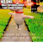 You have sinned child prepare to feel the sweet embrace of death | NO ONE: MALE TAPEJARAS WHEN I EAT A RARE FLOWER: | image tagged in you have sinned child prepare to feel the sweet embrace of death | made w/ Imgflip meme maker