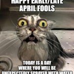 Technically you'll also be fed toothpaste oreos: *chokes* *insert creative title* | HAPPY EARLY/LATE APRIL FOOLS; TODAY IS A DAY WHERE YOU WILL BE UNEXPECTEDLY SPRAYED WITH WATER | image tagged in astonished wet cat,happy,april fools day,whoever is reading this,lol | made w/ Imgflip meme maker