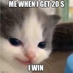 Hehe cat | ME WHEN I GET 20 $; I WIN | image tagged in hehe cat | made w/ Imgflip meme maker
