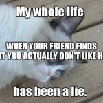 my whole life has been a lie | WHEN YOUR FRIEND FINDS OUT YOU ACTUALLY DON'T LIKE HER | image tagged in my whole life has been a lie | made w/ Imgflip meme maker