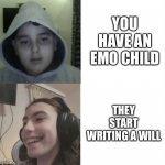 *Noose Noises* | YOU HAVE AN EMO CHILD; THEY START WRITING A WILL | image tagged in fares and damian | made w/ Imgflip meme maker