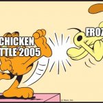 Chicken little kicks frozen's butt | FROZEN; CHICKEN LITTLE 2005 | image tagged in garfield kicking odie | made w/ Imgflip meme maker