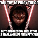 Sith Kitten's Cookies'n'Cream | WHEN YOU TRY TO ENJOY THE COOKIES; BUT SOMEONE TOOK THE LAST OF THE CREAM...AND LEFT AN EMPTY CARTON. | image tagged in sith kitten,got milk,angry kitten,sith | made w/ Imgflip meme maker