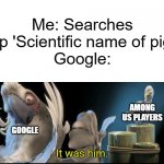 Just don't search up the scientific name of pig | Me: Searches up 'Scientific name of pig'
Google:; AMONG US PLAYERS; GOOGLE | image tagged in it was him,among us,sus,pig | made w/ Imgflip meme maker
