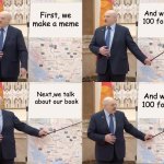 Social media warfare | And we gain 
100 followers; First, we
make a meme; Next,we talk 
about our book; And we lose 
100 followers | image tagged in lukashenko's plan | made w/ Imgflip meme maker