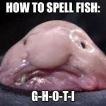 Fauxnetically Speaking: Today's Spelling Lesson | HOW TO SPELL FISH:; G-H-O-T-I | image tagged in ghoti,funny,reid moore,spelling,fishing for upvotes | made w/ Imgflip meme maker