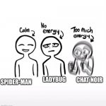 Calm, No energy, Too much energy | CHAT NOIR; SPIDER-MAN; LADYBUG | image tagged in calm no energy too much energy | made w/ Imgflip meme maker